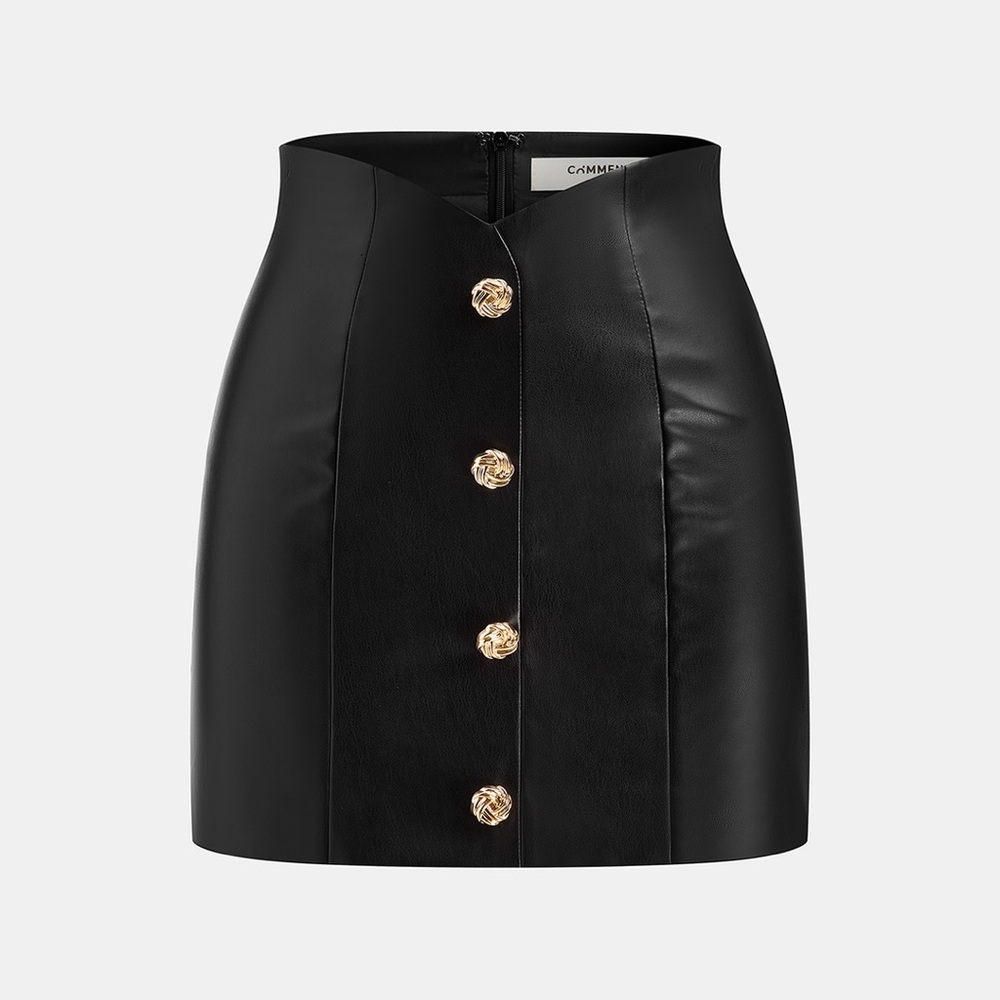 Commense Black Faux Leather Mini Skirt with Gold Buttons